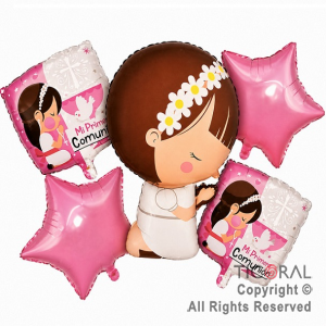 SET DE GLOBOS METALIZADO COMUNION NENA ROSA 5 UNIDADES